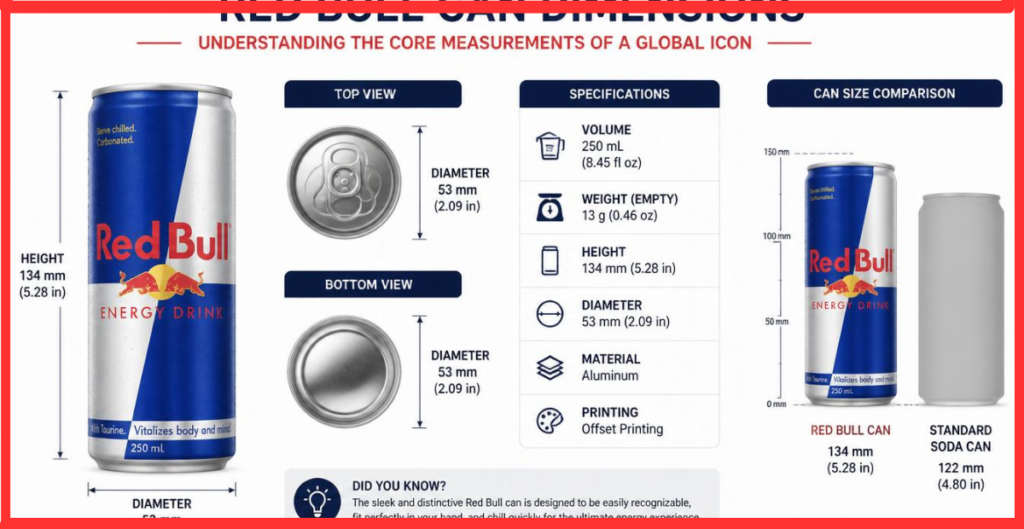 Red Bull Can Dimensions, Red Bull can size, Red Bull can height, Red Bull can diameter, energy drink can measurements